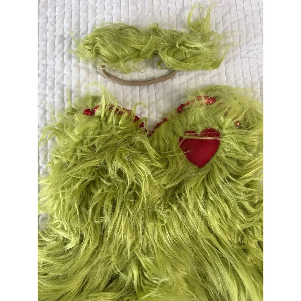 Girls Green Christmas Monster Costume Furry Dress Headband Holiday 3T-4T